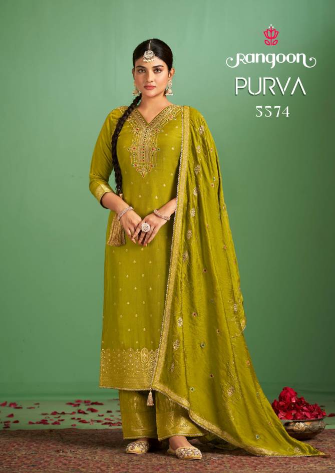 Purva By Rangoon Muslin Jacquard Embroidery Kurti With Bottom Dupatta Wholesalers In Delhi